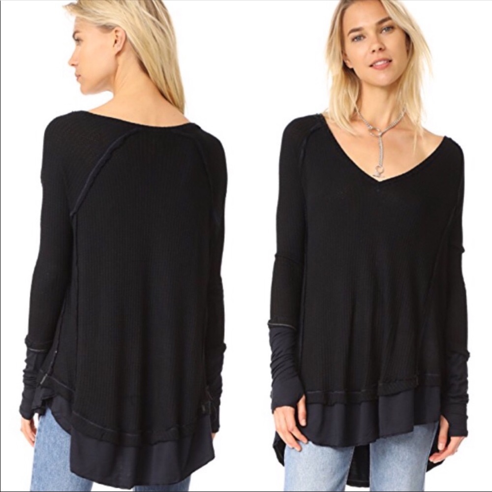 Free People Women's Black V-Neck Long Sleeve Top